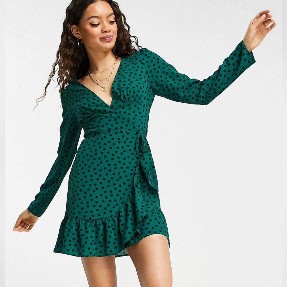 Green Polka Dot Long Sleeve Wrap Dress